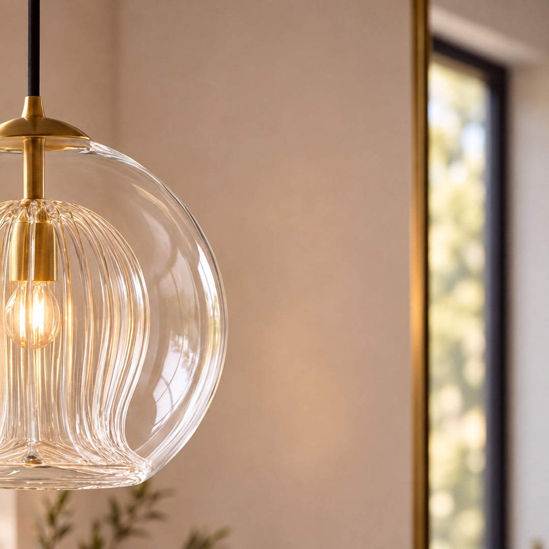 Modern Glass Pendant Light Adjustable Hanging Fixture Brass Frame LED Compatible for Kitchen Island