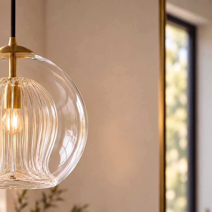 Modern Glass Pendant Light Adjustable Hanging Fixture Brass Frame LED Compatible for Kitchen Island