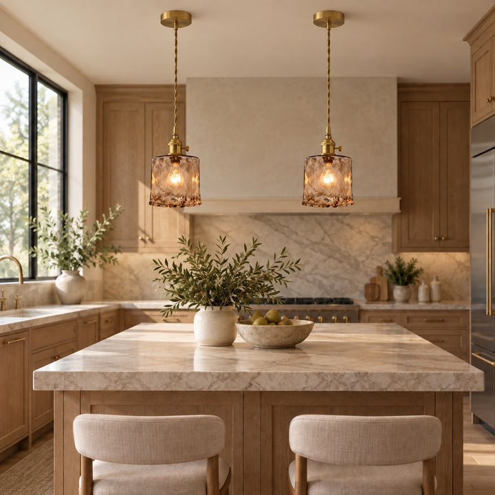 Vintage-Inspired Hanging Pendant Light with Adjustable Brass Mount and Amber Glass Shade