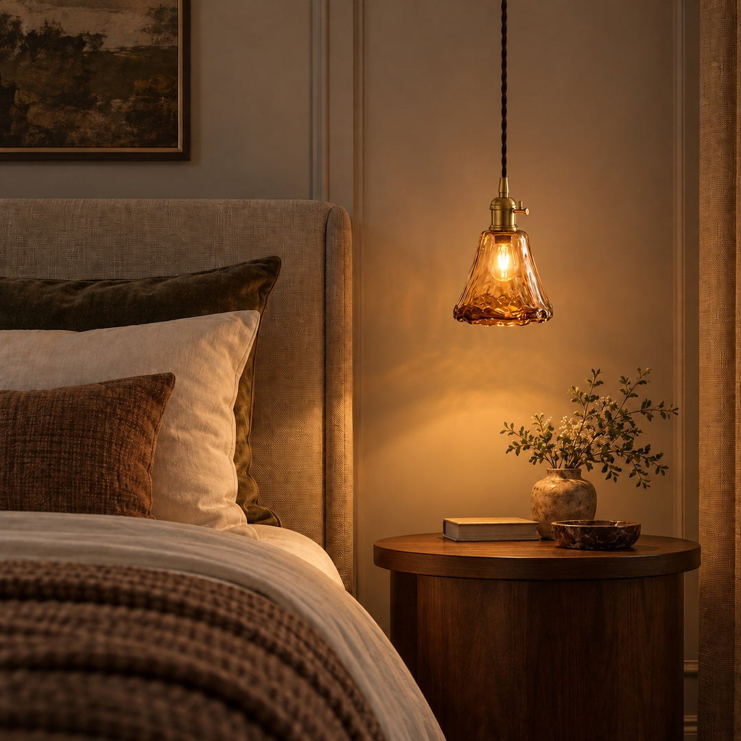 Vintage-Inspired Hanging Pendant Light with Adjustable Brass Mount and Amber Glass Shade