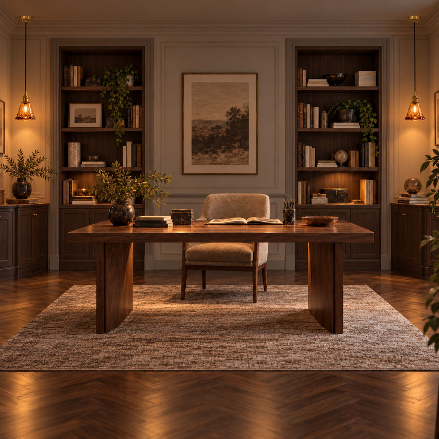 Vintage-Inspired Hanging Pendant Light with Adjustable Brass Mount and Amber Glass Shade in the study