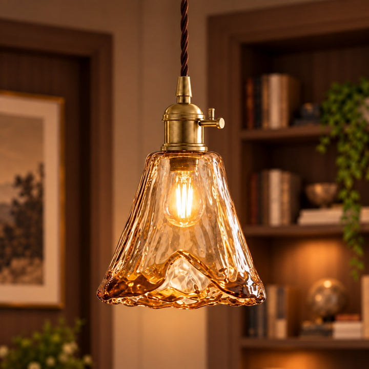 Vintage-Inspired Hanging Pendant Light with Adjustable Brass Mount and Amber Glass Shade