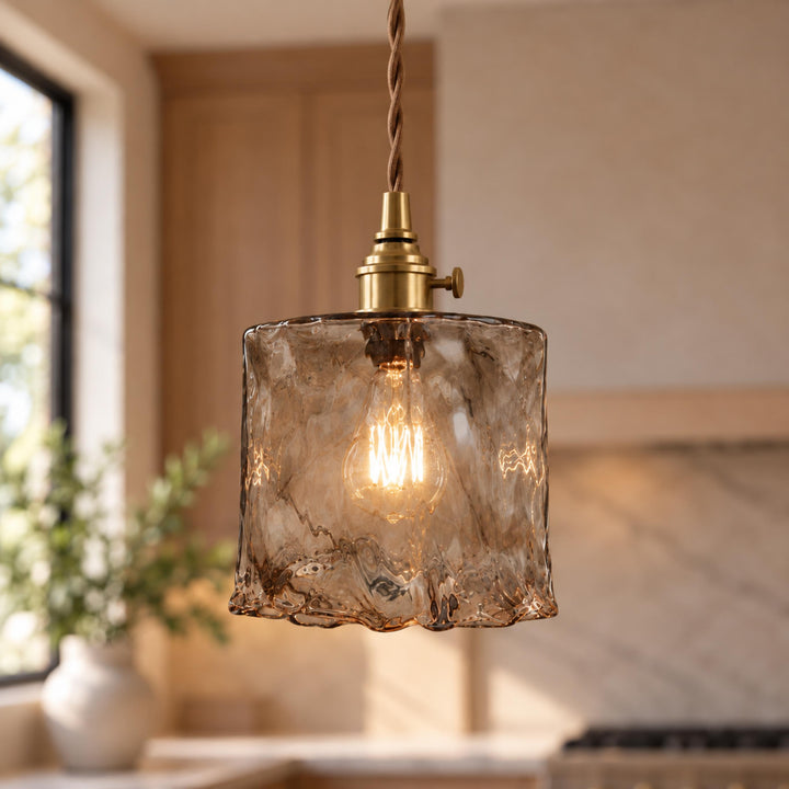 Vintage-Inspired Hanging Pendant Light with Adjustable Brass Mount and Amber Glass Shade