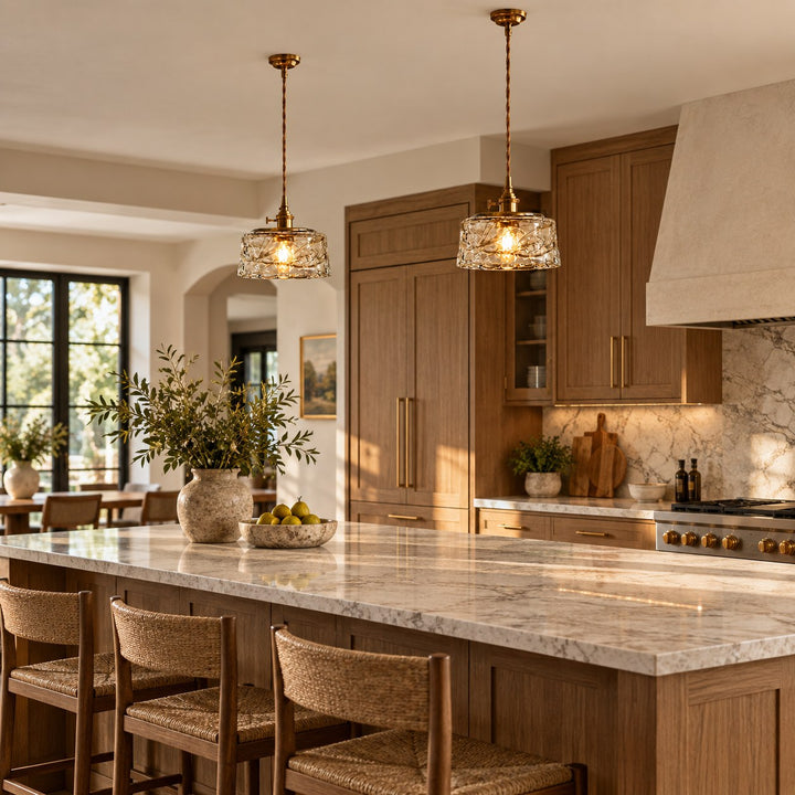 Vintage-Inspired Hanging Pendant Light with Adjustable Brass Mount and Amber Glass Shade