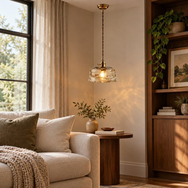 Vintage-Inspired Hanging Pendant Light with Adjustable Brass Mount and Amber Glass Shade