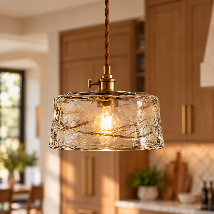 Vintage-Inspired Hanging Pendant Light with Adjustable Brass Mount and Amber Glass Shade