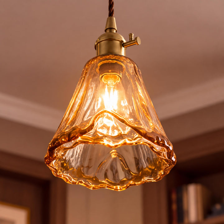 Vintage-Inspired Hanging Pendant Light with Adjustable Brass Mount and Amber Glass Shade