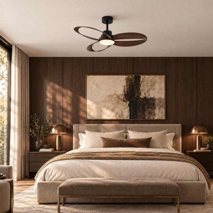Modern Flush Mount Ceiling Fan with LED Light 6-Speed DC Motor Copper ABS Blades