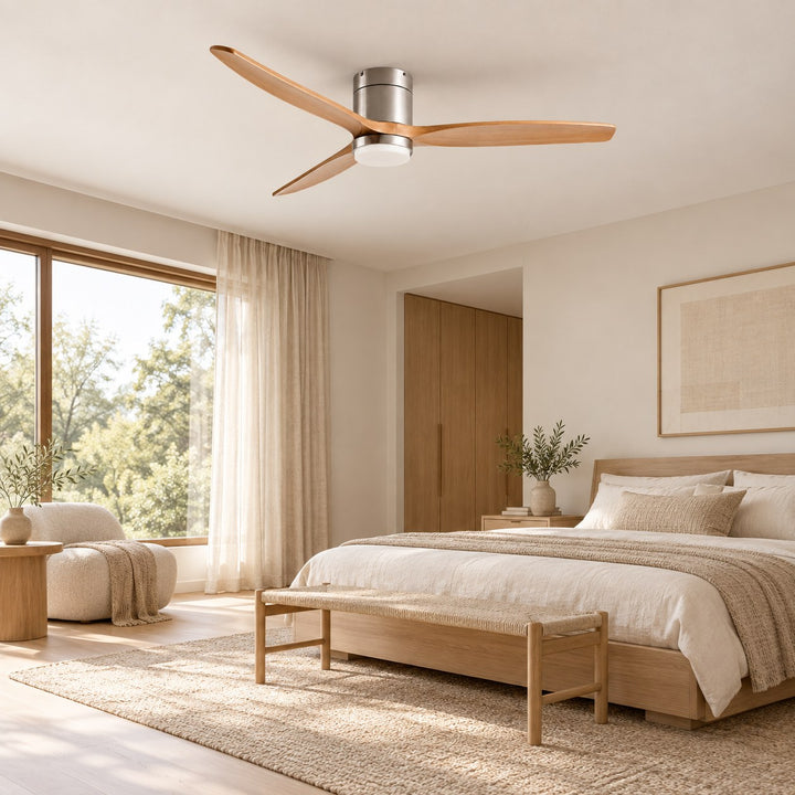 Modern Ceiling Fan with Lights Flush Mount Wood Blades 6-Speed DC Motor Energy Efficient LED