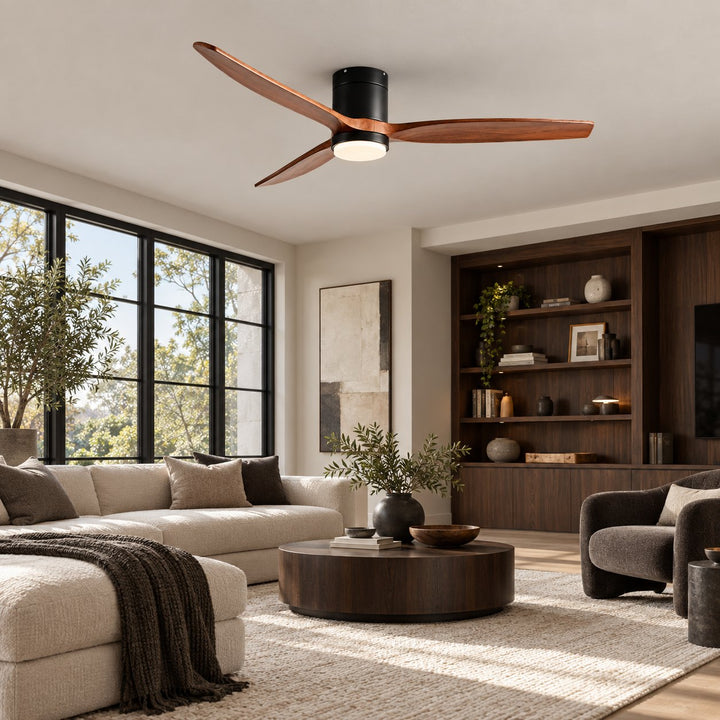 Modern Ceiling Fan with Lights Flush Mount Wood Blades 6-Speed DC Motor Energy Efficient LED