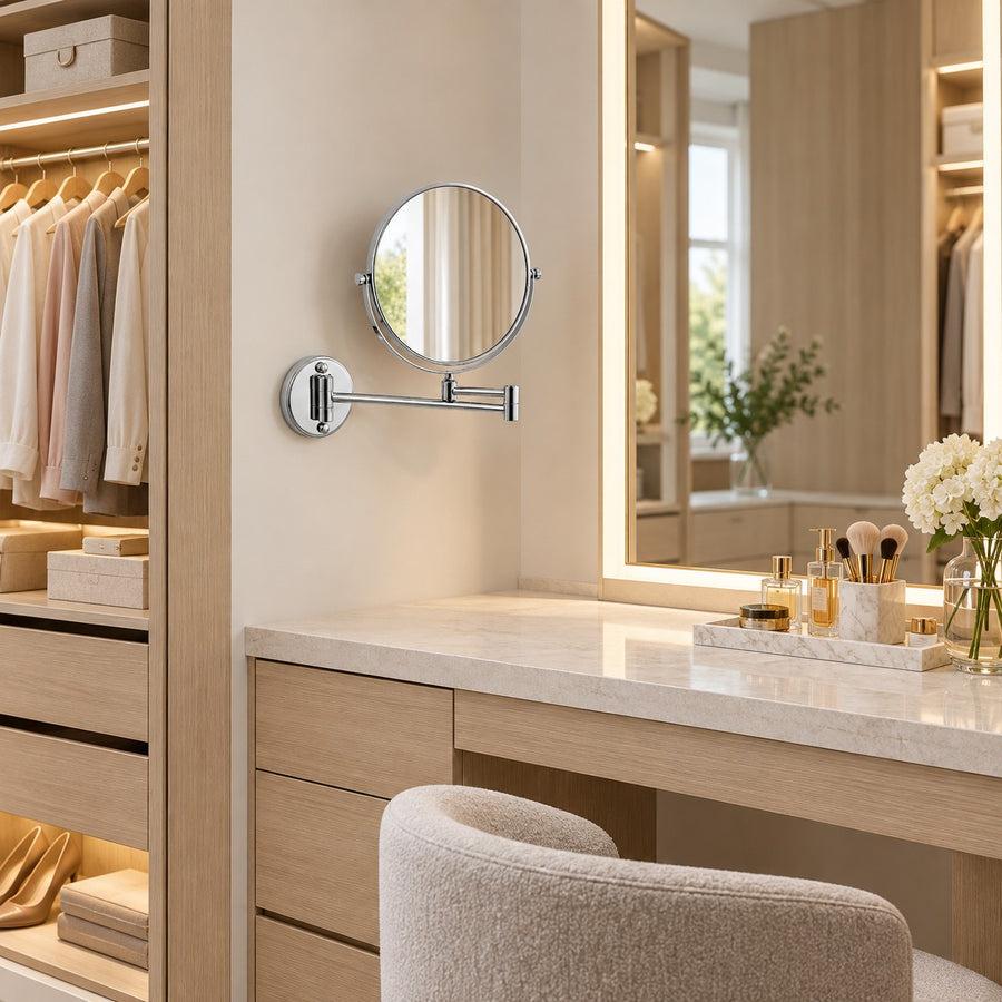 Modern Wall Mounted Makeup Mirror Double Sided Stainless Steel with 360° Rotation and Magnifying Feature in the walk-in wardrobe