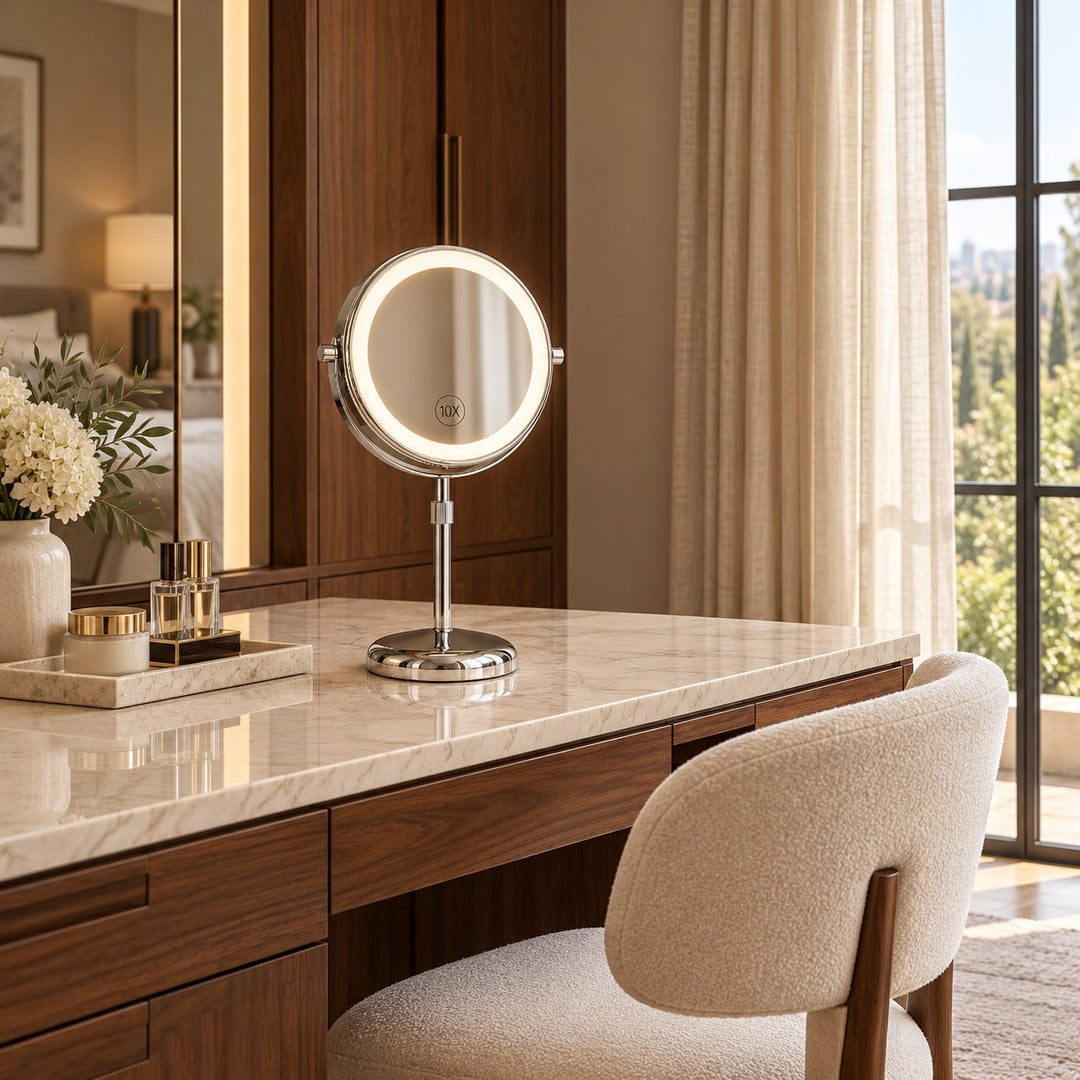 Modern Makeup Mirror with Lights Adjustable Height Dual-Sided 10X Magnifying USB Powered Dimmable
