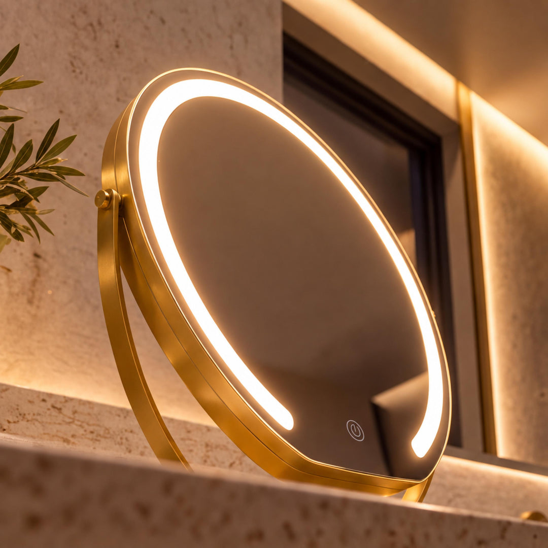 Modern Tabletop Makeup Mirror with Lights Adjustable 15x Magnifying Glass Energy Efficient LED