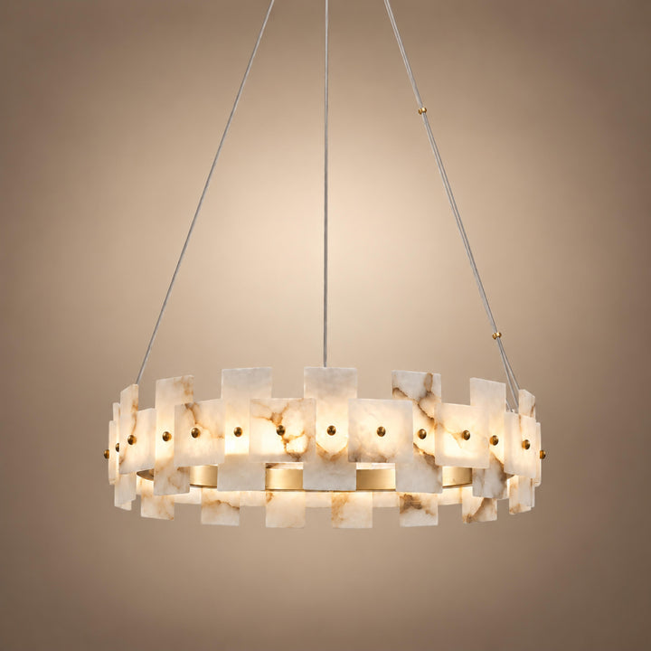 Modern Chandelier Ceiling Light Hanging Antique Brass Frame White Alabaster Panels LED
