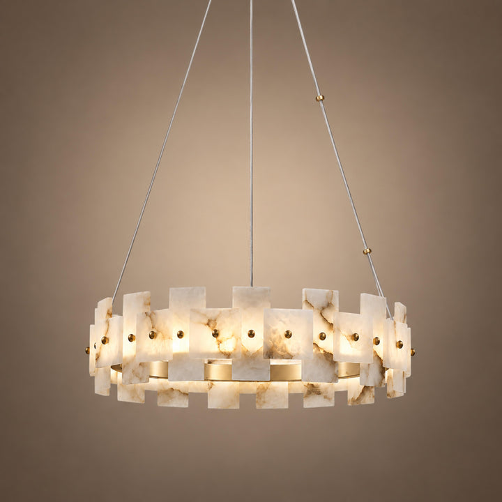 Modern Chandelier Ceiling Light Hanging Antique Brass Frame White Alabaster Panels LED