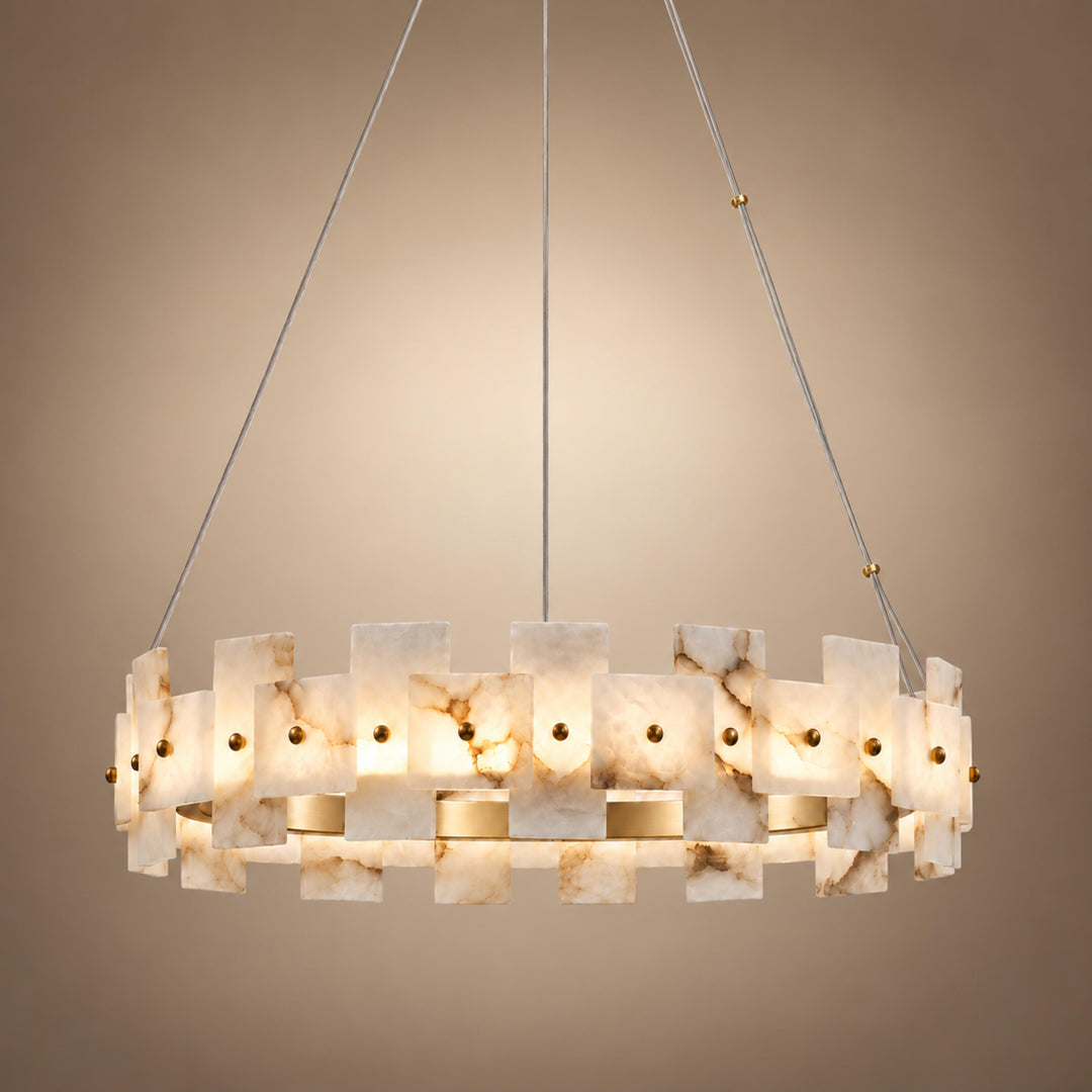 Modern Chandelier Ceiling Light Hanging Antique Brass Frame White Alabaster Panels LED
