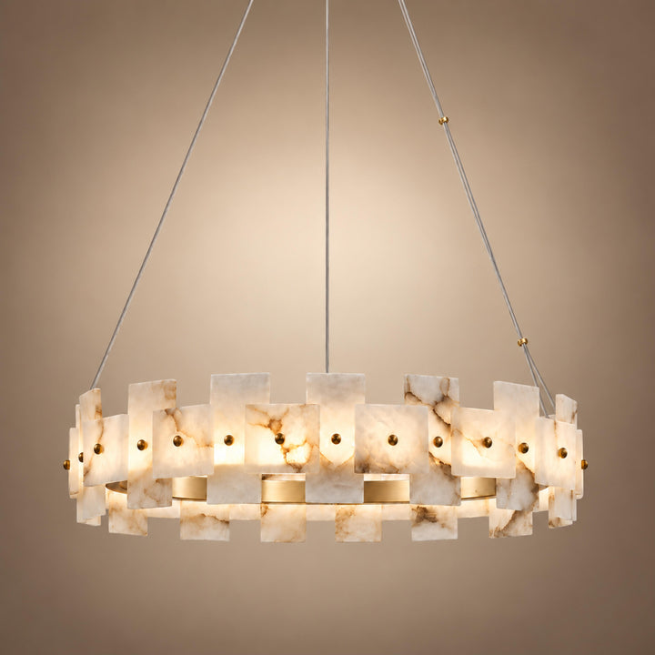 Modern Chandelier Ceiling Light Hanging Antique Brass Frame White Alabaster Panels LED