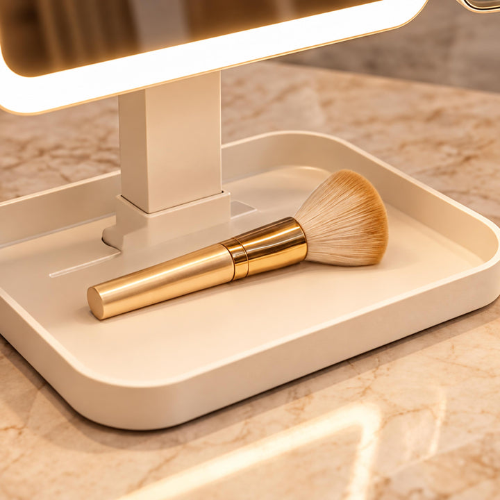 Modern Trifold Makeup Mirror with Lights Adjustable Brightness 10X Magnifying Plastic Design