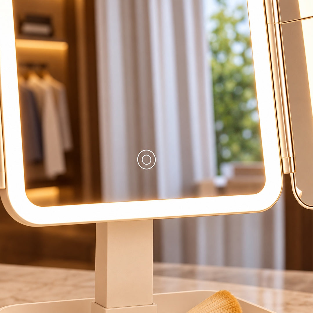 Modern Trifold Makeup Mirror with Lights Adjustable Brightness 10X Magnifying Plastic Design