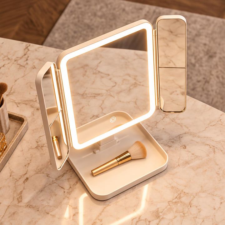 Modern Trifold Makeup Mirror with Lights Adjustable Brightness 10X Magnifying Plastic Design