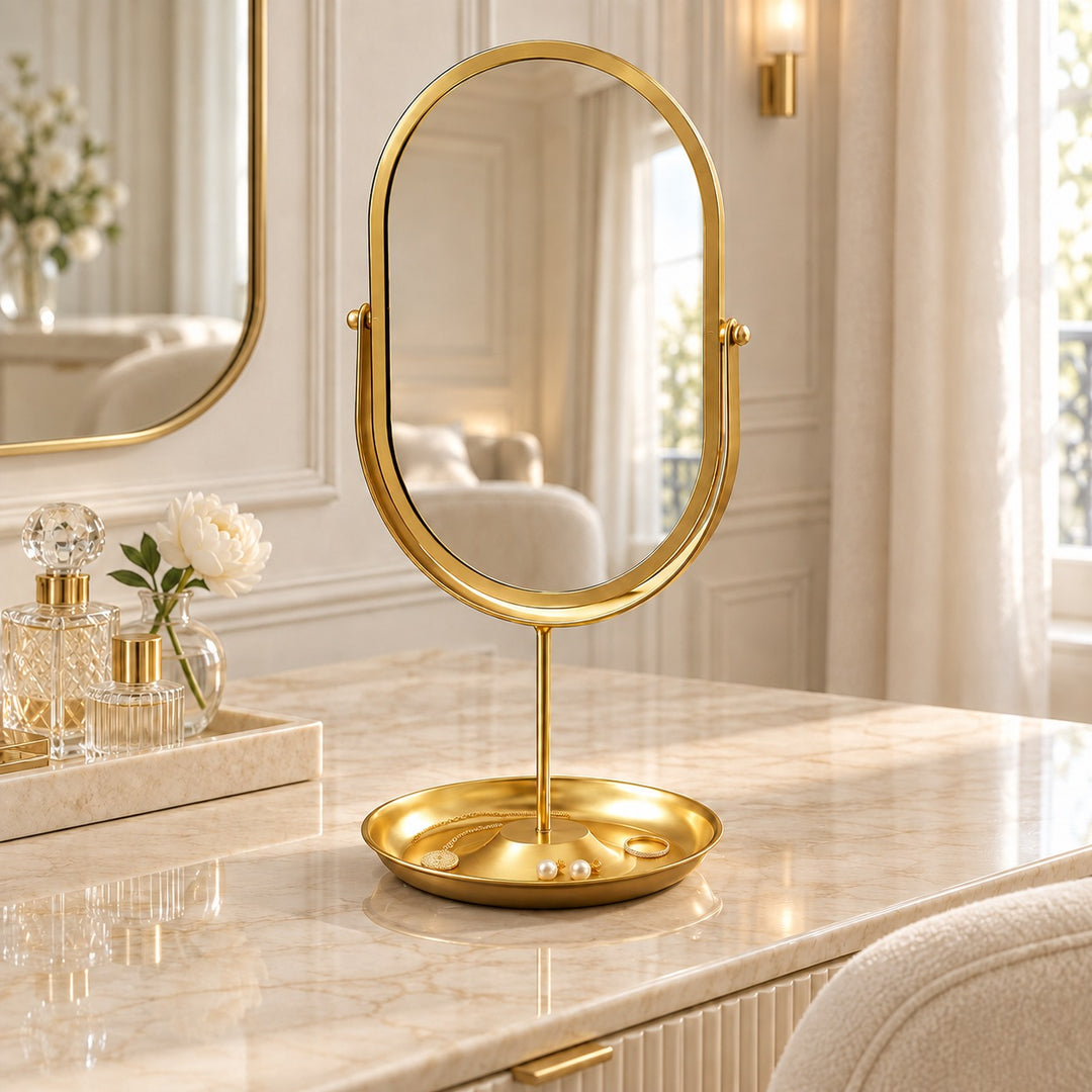 Modern Oval Vanity Mirror with 360° Rotating Wrought Iron Frame and HD Glass Surface