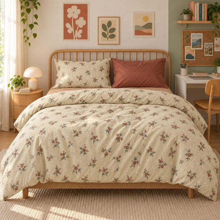 Vintage Floral Bedding Set Duvet Cover with Flat Sheet and Pillow Cases in Cotton for Cozy Aesthetic Rooms