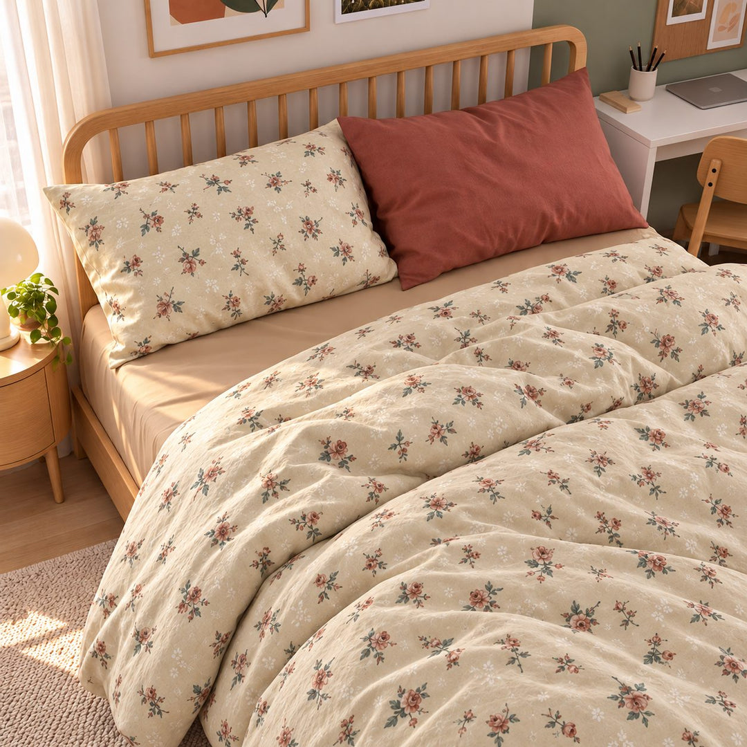 Vintage Floral Bedding Set Duvet Cover with Flat Sheet and Pillow Cases in Cotton for Cozy Aesthetic Rooms