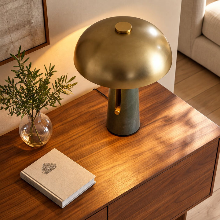 Contemporary Table Lamp with Metal Shade and Travertine Base for Bedroom or Living Room