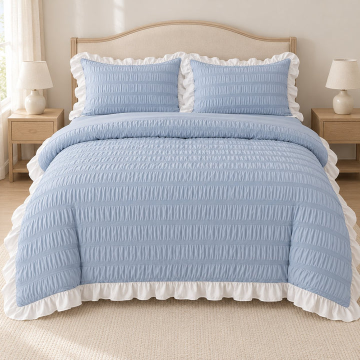 Modern Ribbed Bedding Set with Duvet Cover Flat and Fitted Sheets in 100% Cotton