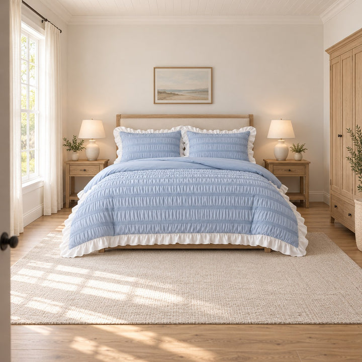 Modern Ribbed Bedding Set with Duvet Cover Flat and Fitted Sheets in 100% Cotton