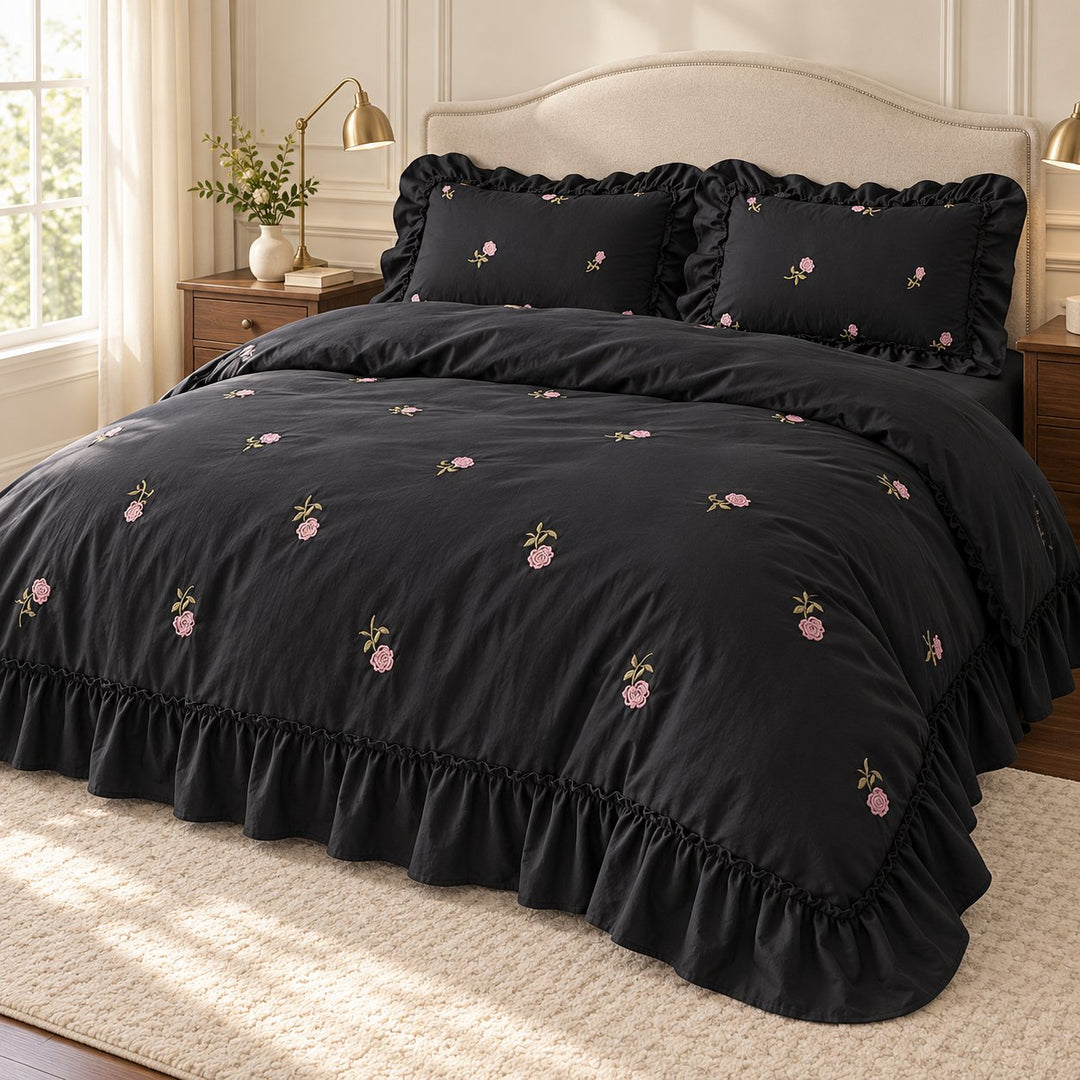 Floral Duvet Cover Set with Ruffled Pillowcases Soft Cotton for Coquette Bedroom Aesthetic