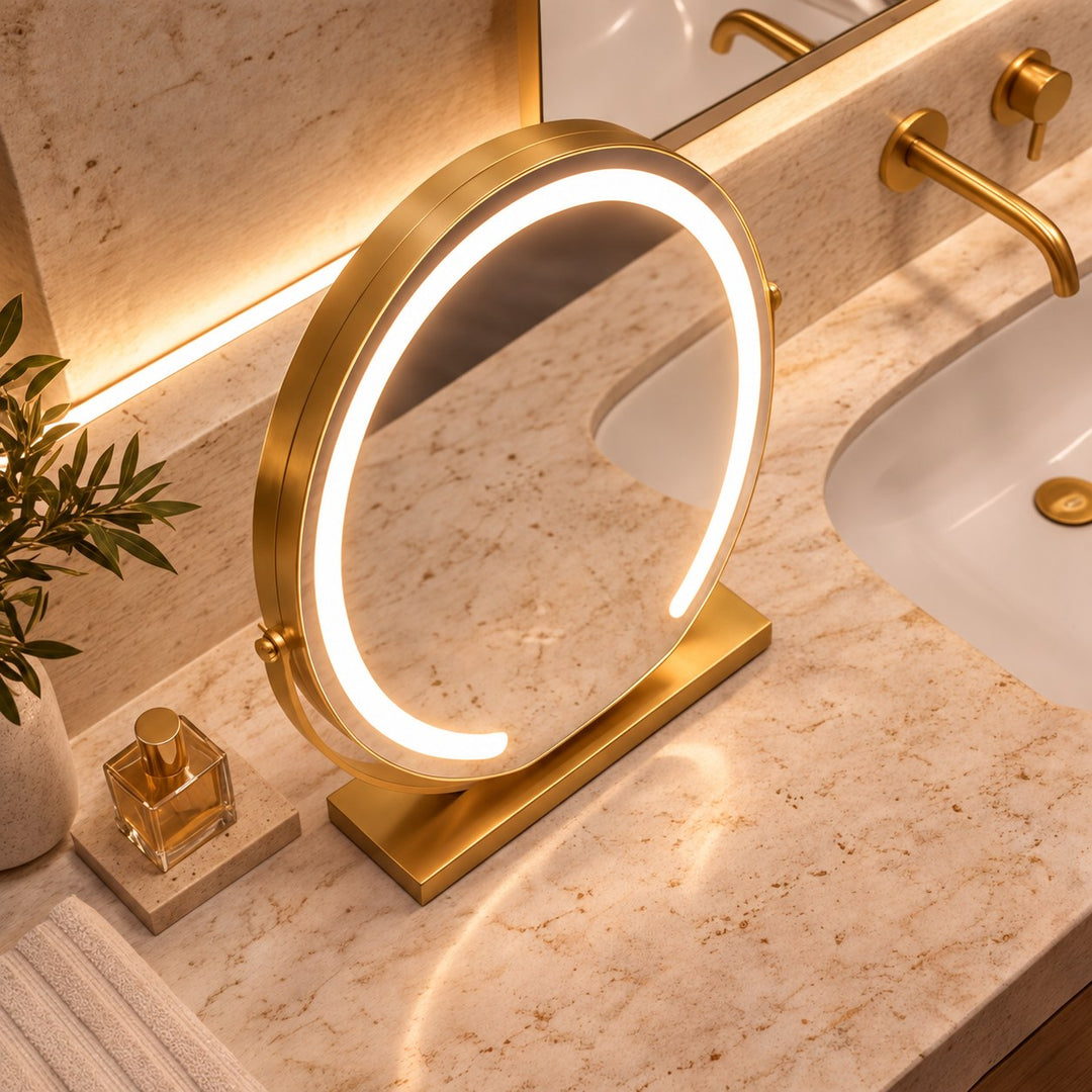 Modern Tabletop Makeup Mirror with Lights Adjustable 15x Magnifying Glass Energy Efficient LED