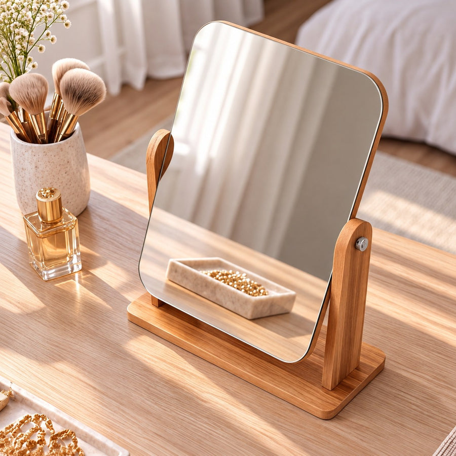 Modern Makeup Mirror Wooden Vanity Mirror 360° Rotating Compact Design for Countertop Use in the dresser