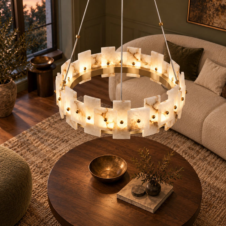 Modern Chandelier Ceiling Light Hanging Antique Brass Frame White Alabaster Panels LED
