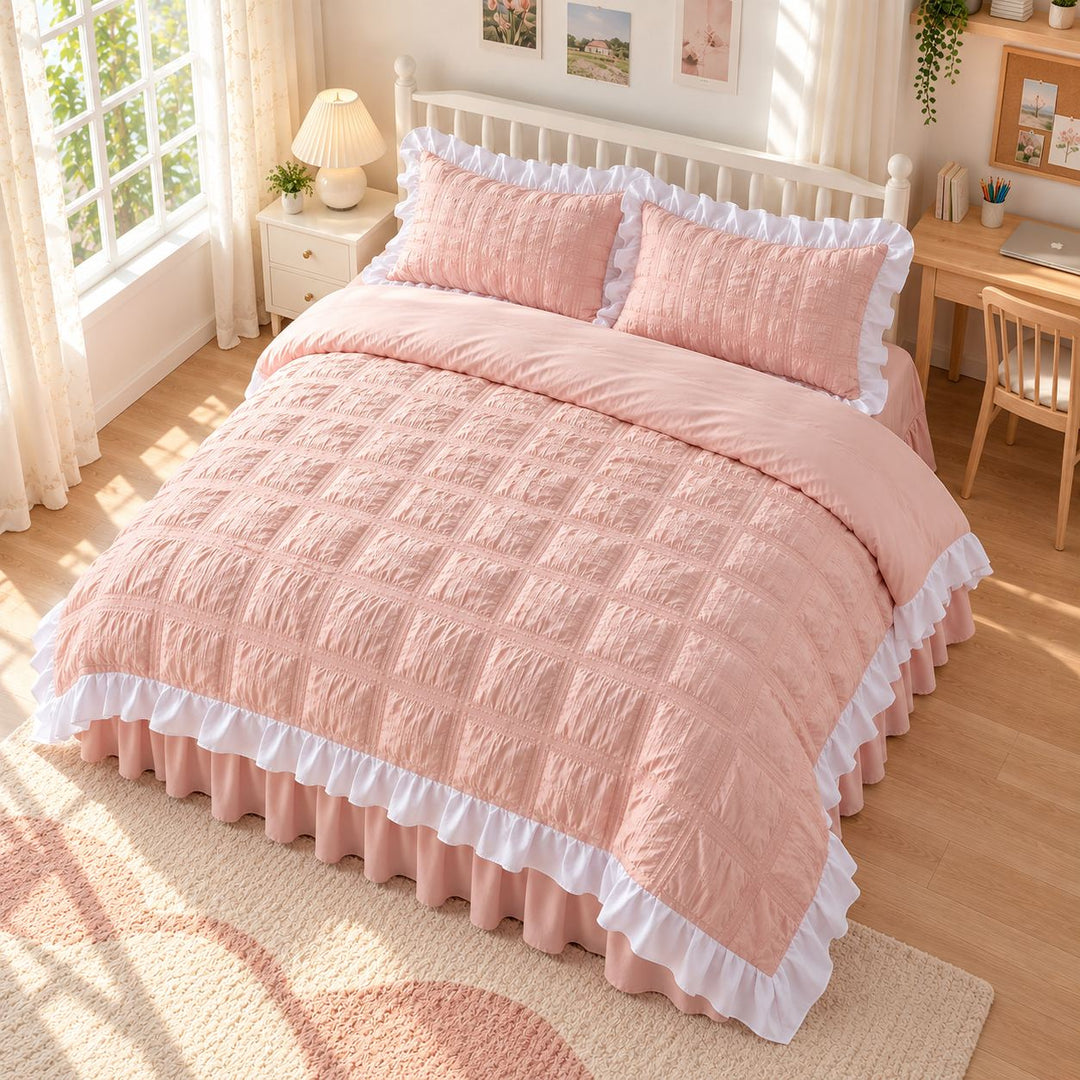 Kawaii Ruffle Bedding Set Twin Full Queen Soft Cotton Duvet Cover with Bed Skirt and Pillow Cases