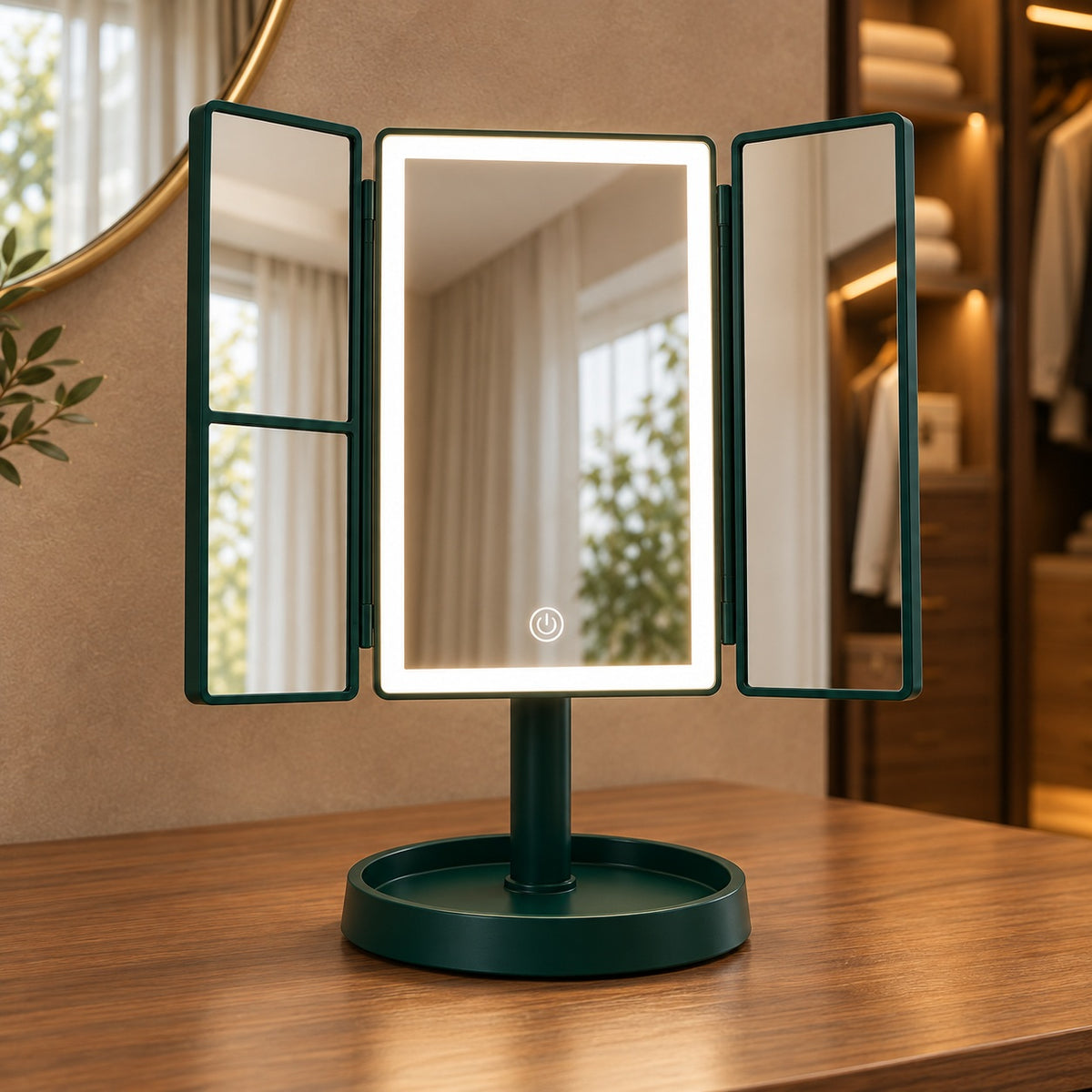 Modern Tri-Fold Makeup Mirror with Lights Adjustable USB Rechargeable 2X/3X Magnification