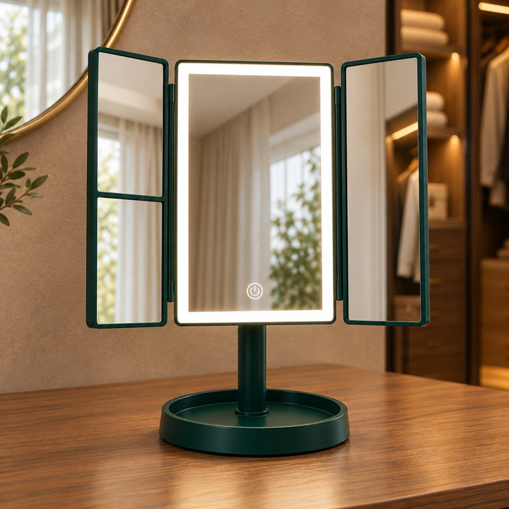 Modern Tri-Fold Makeup Mirror with Lights Adjustable USB Rechargeable 2X/3X Magnification