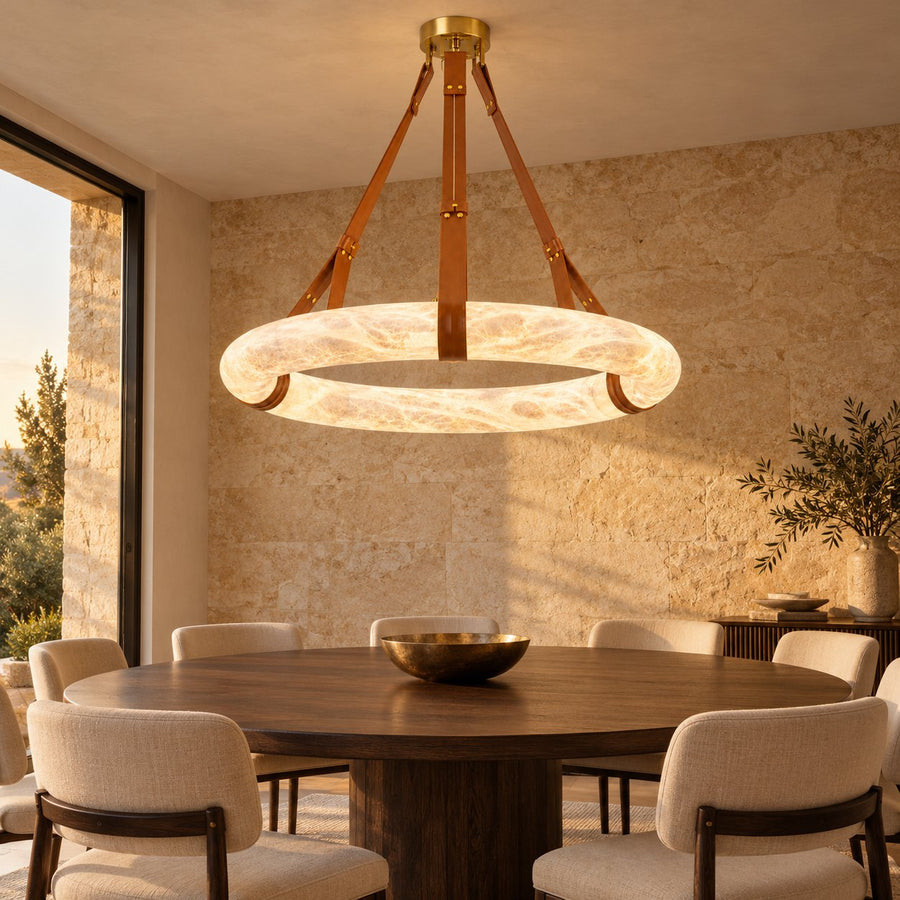 Modern Chandelier Light Ceiling Mounted Alabaster Shade with Warm Translucent Glow in the dining