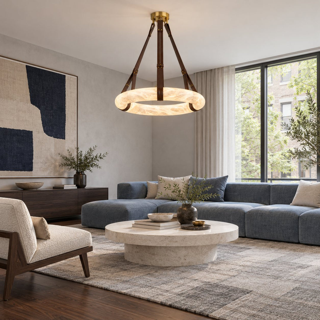 Modern Chandelier Light Ceiling Mounted Alabaster Shade with Warm Translucent Glow