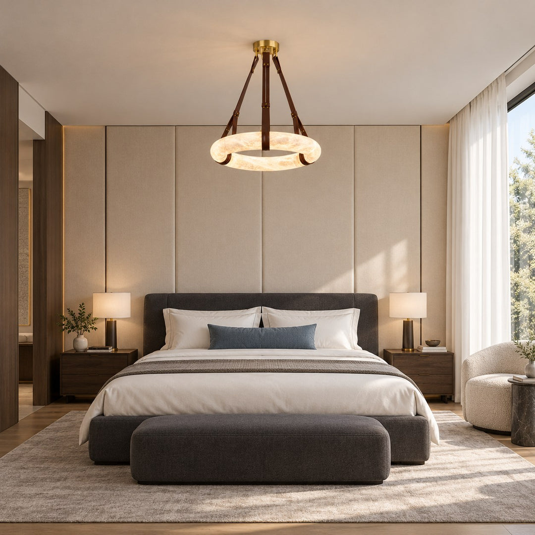 Modern Chandelier Light Ceiling Mounted Alabaster Shade with Warm Translucent Glow