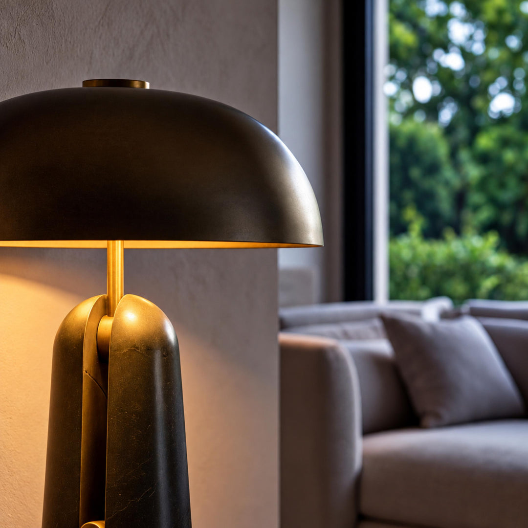 Contemporary Table Lamp with Metal Shade and Travertine Base for Bedroom or Living Room