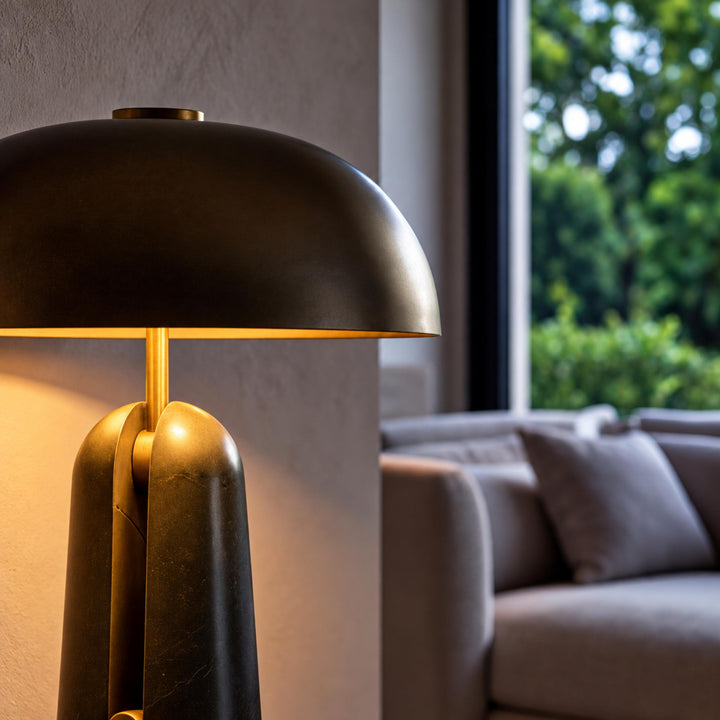 Contemporary Table Lamp with Metal Shade and Travertine Base for Bedroom or Living Room