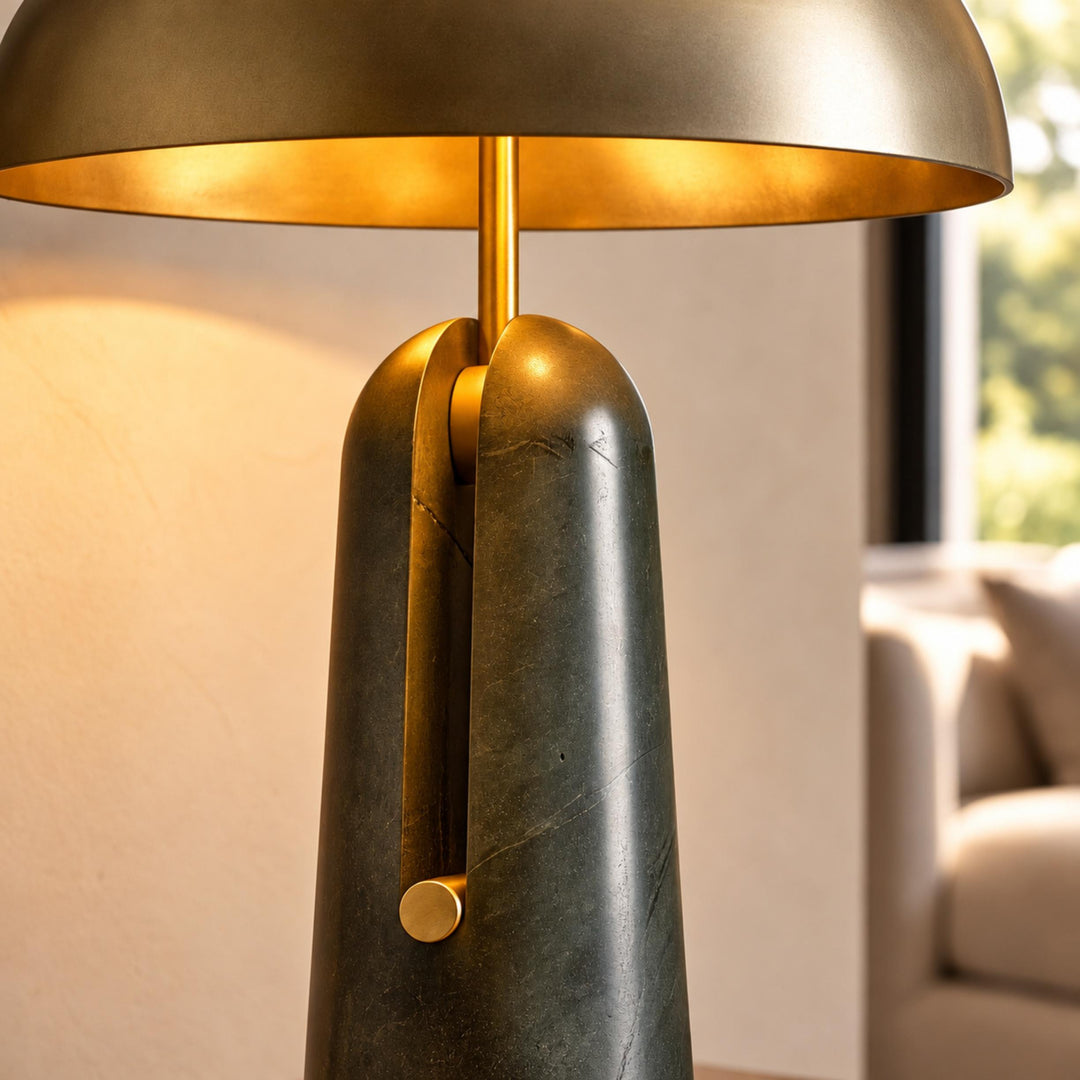 Contemporary Table Lamp with Metal Shade and Travertine Base for Bedroom or Living Room