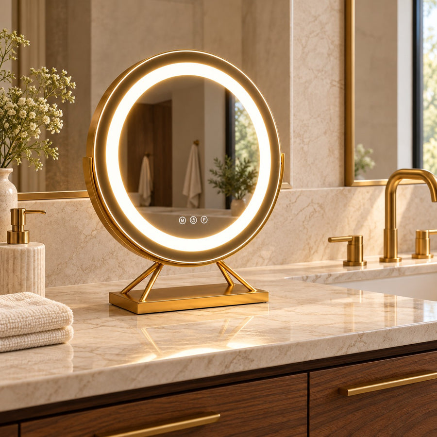 Dimmable Round Vanity Mirror with Lights 30cm Glass and Plastic with 15x Magnifying Spot Mirror in the bathroom