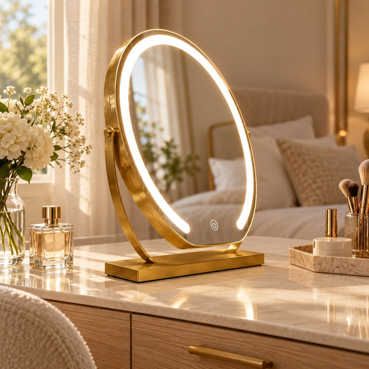 Modern Tabletop Makeup Mirror with Lights Adjustable 15x Magnifying Glass Energy Efficient LED