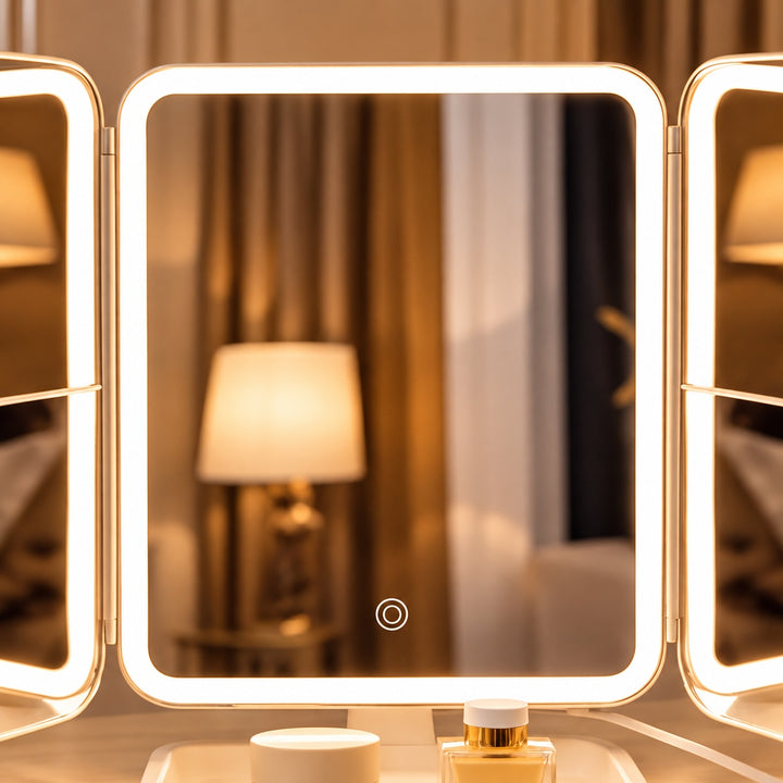 Modern Trifold Makeup Mirror with Lights Adjustable Brightness 10X Magnifying Plastic Design