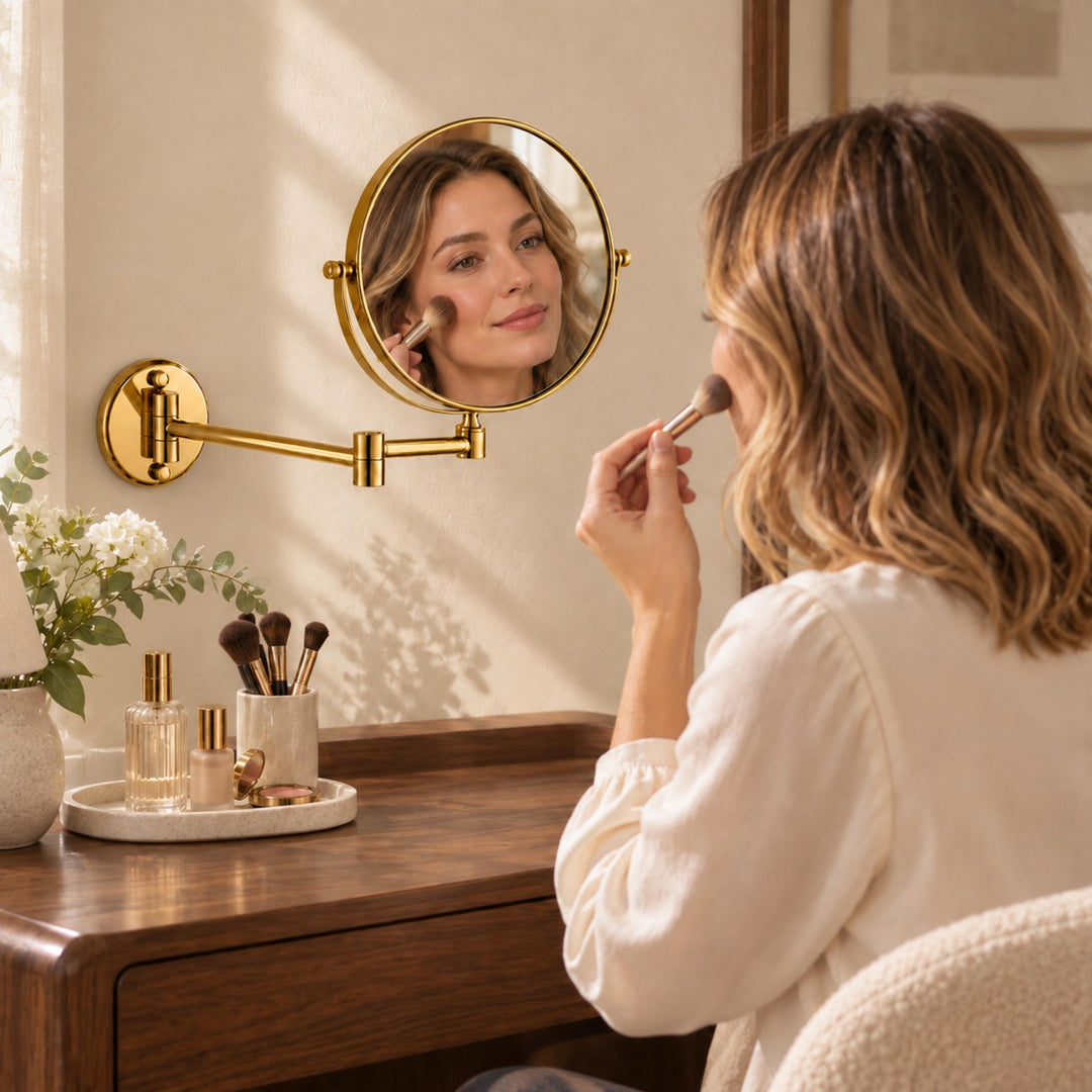 Modern Wall Mounted Makeup Mirror Double Sided Stainless Steel with 360° Rotation and Magnifying Feature