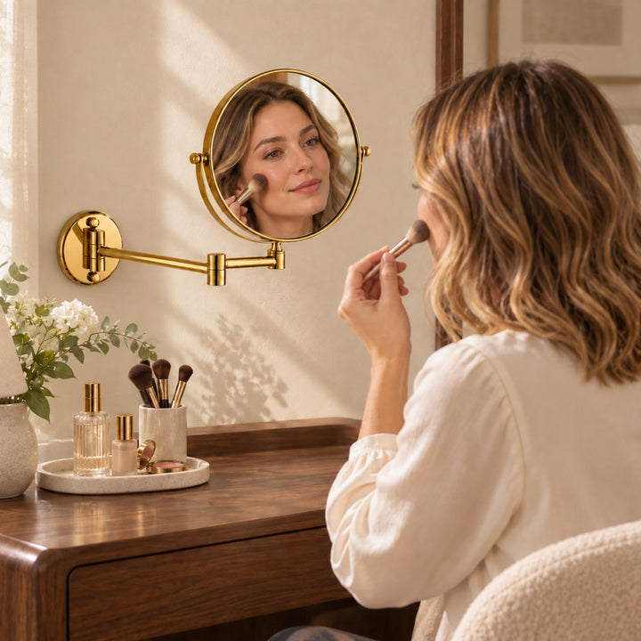 Modern Wall Mounted Makeup Mirror Double Sided Stainless Steel with 360° Rotation and Magnifying Feature