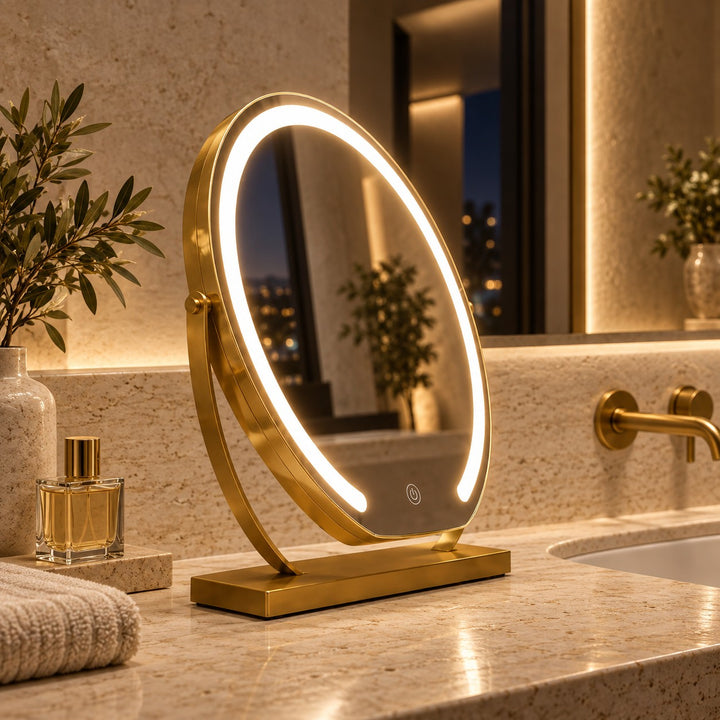 Modern Tabletop Makeup Mirror with Lights Adjustable 15x Magnifying Glass Energy Efficient LED