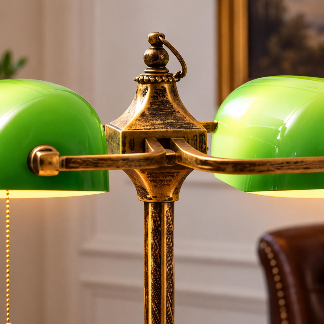 Industrial Table Lamp with Antique Brass Base and Emerald Glass Shades for Bedroom or Desk Use